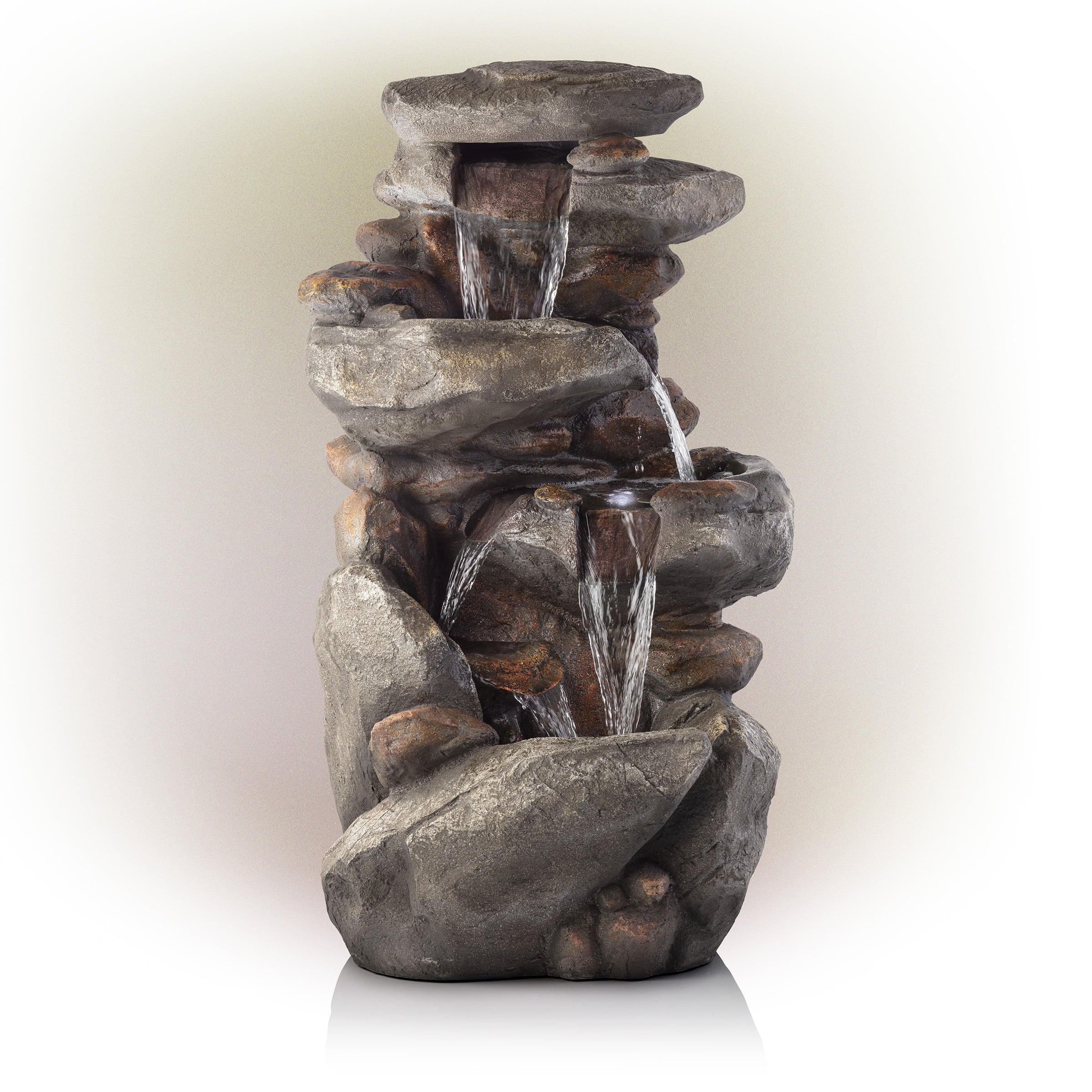 Alpine Corporation 4-Tier Rock Water Outdoor Electric Fountain with LED Lights