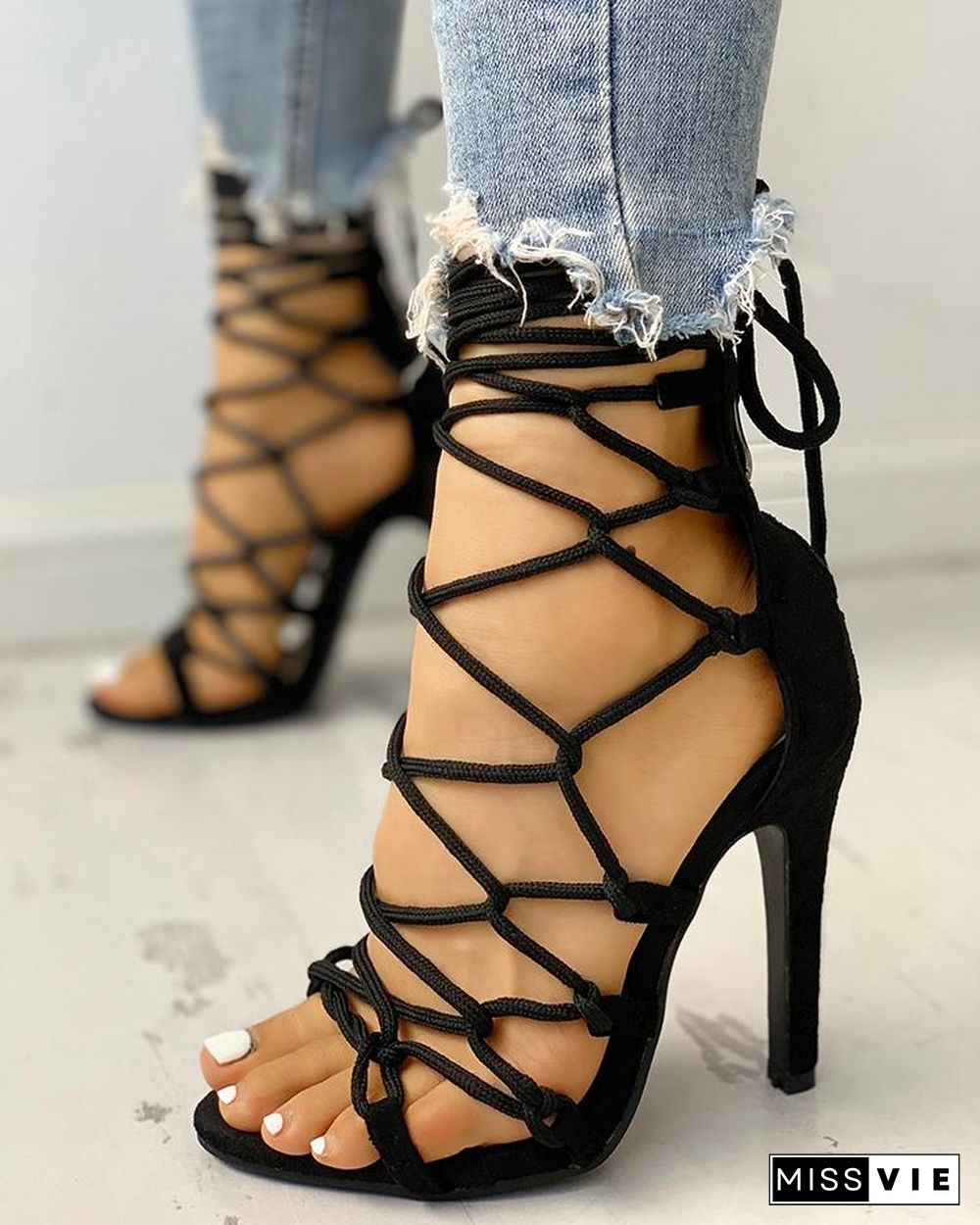 Hollow Out Lace Up Thin Heels Sandals