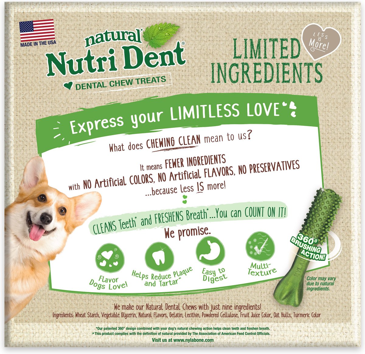 Nylabone Nutri Dent Limited Ingredients Large Fresh Breath Natural Dental Dog Treats， 20 count