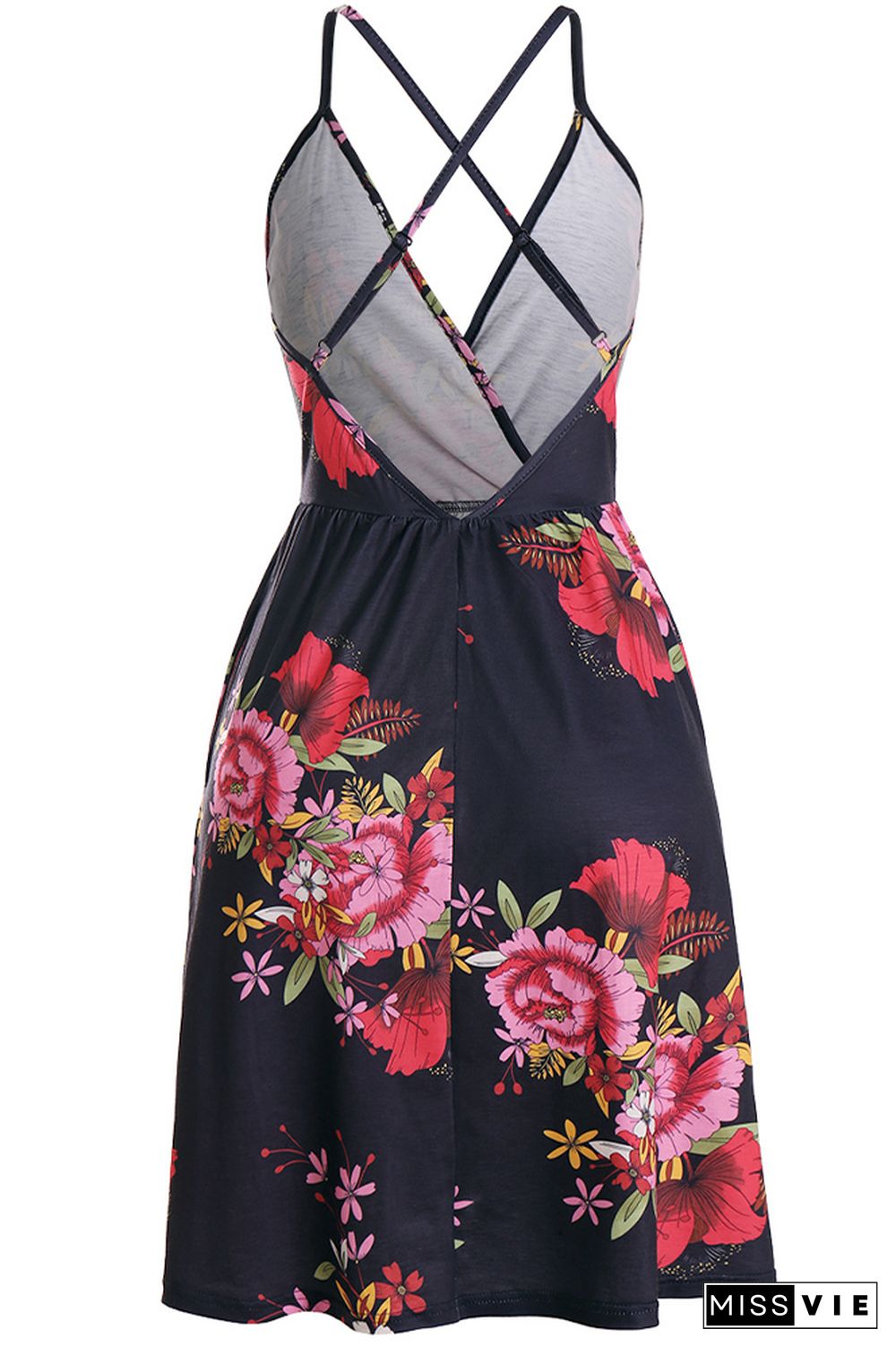 V-neck Slip Backless Floral Print Dress Wholesale