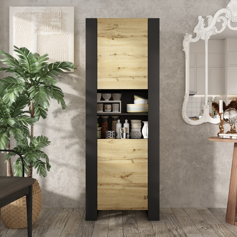 Tall Curio Storage Pantry with 5 Shelves   2 Doors (Wood + Black)   67.3\