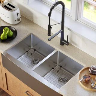 Karran 16-Gauge Stainless Steel 36 in. Double Bowl Farmhouse Apron Kitchen Sink with Grid and Basket Strainer EL-88-PK1