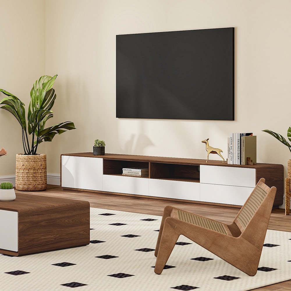 Modern Wood TV Stand  Lowline Media Console with 4 Drawers  Open Storage Cabinet  Walnut Veneer  Fully assembled