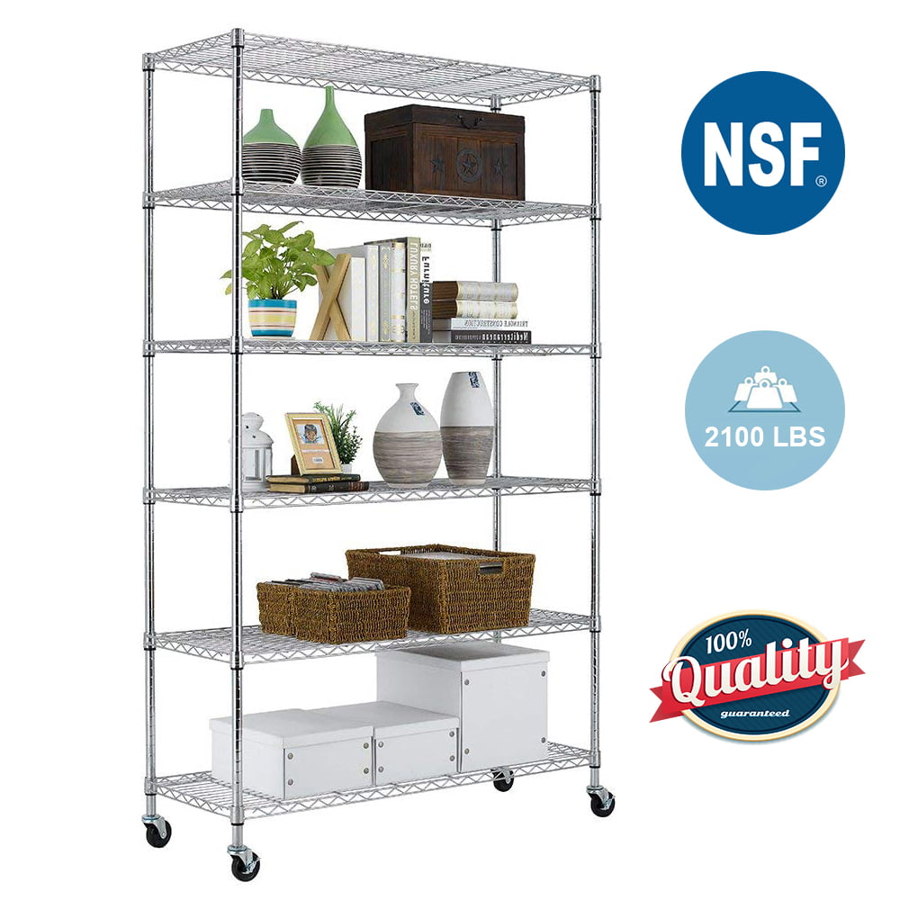 6-Tier Wire Shelving Unit Heavy Duty Height Adjustable NSF Certification Utility Rolling Steel Commercial Grade with Wheels for Kitchen Bathroom Office 2100LBS Capacity-18x48x82, Chrome