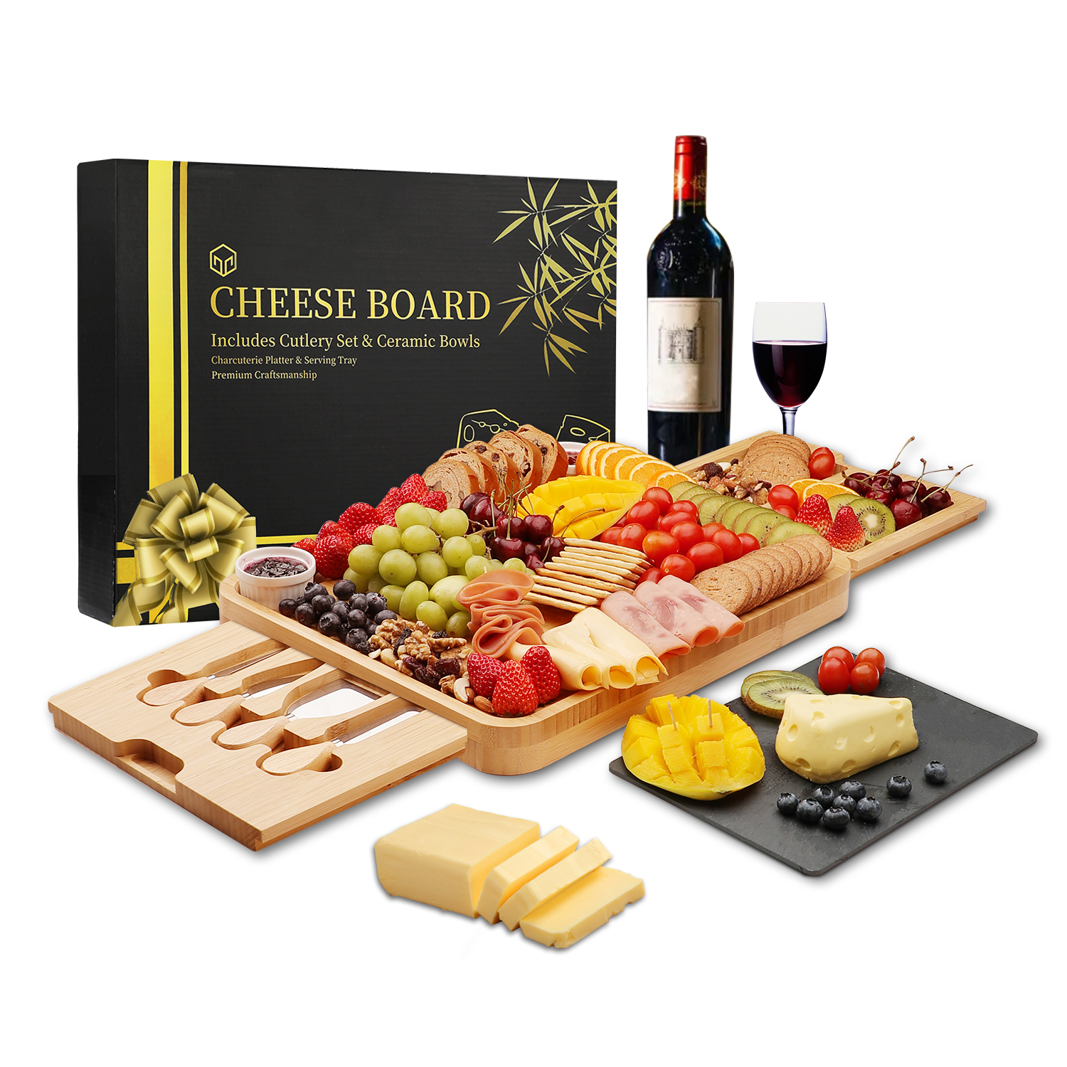 Mozing  Extra Large Charcuterie Board， Cheese Plate， Christmas  Charcuterie Board with Knife， Bamboo