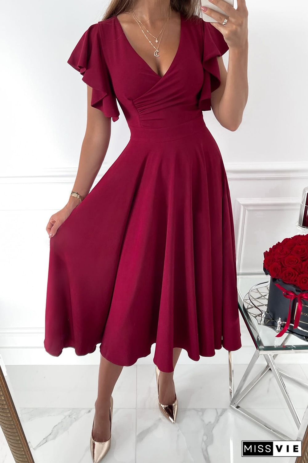 Casual Solid Flounce V Neck Cake Skirt Dresses(3 Colors)