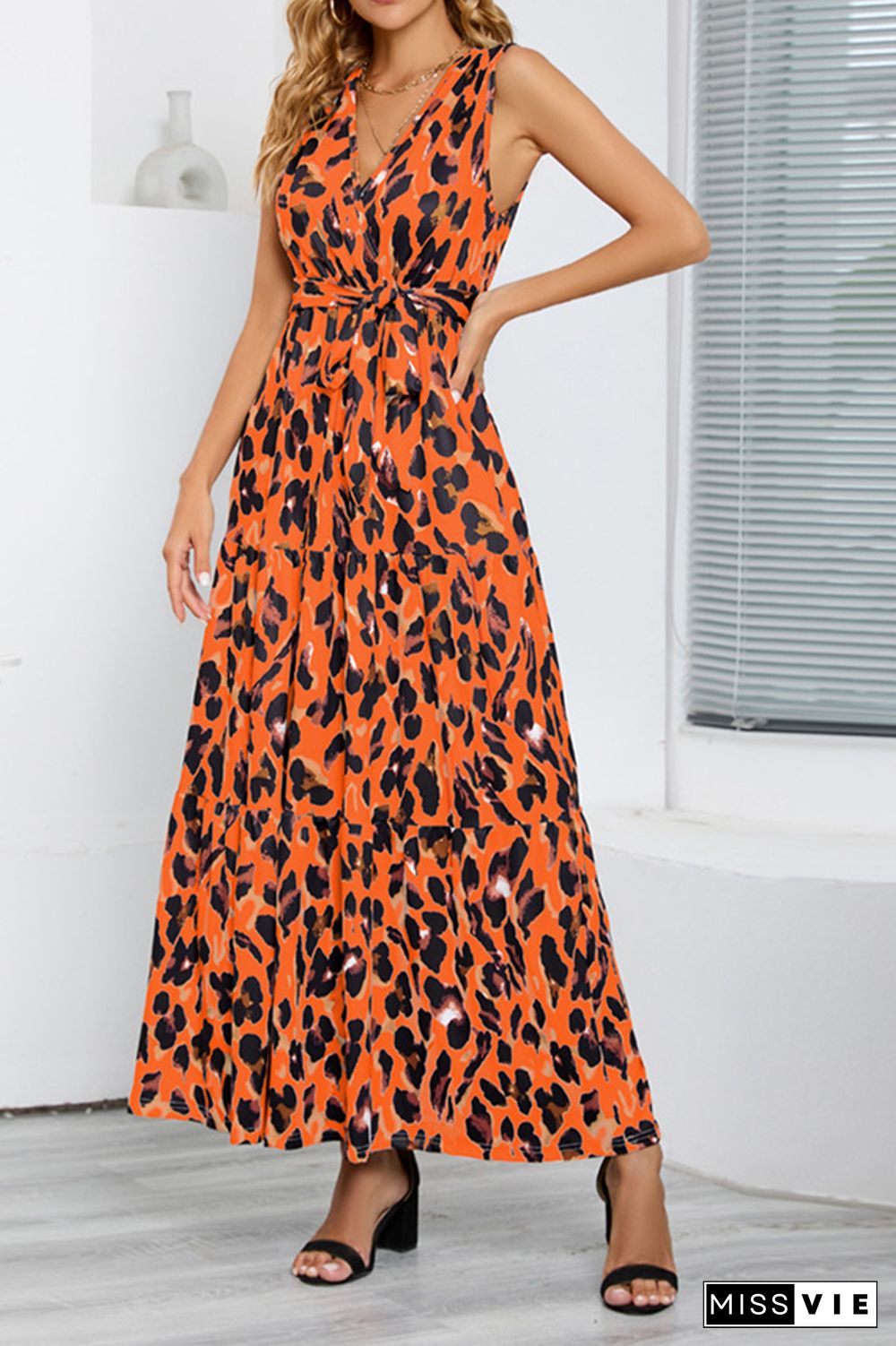 Sleeveless V Neck Splicing Leopard Dress