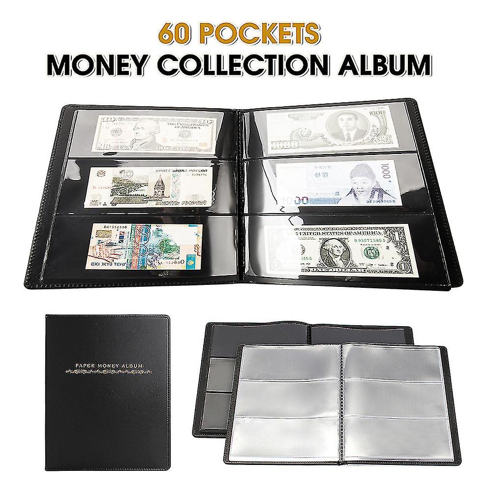 60 Pockets Soft Leather Notes Album Banknote Paper Money Collection Stamps Book Storage Album