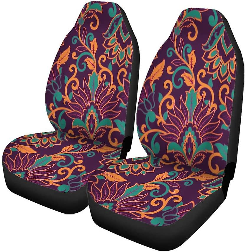 Set Of 2 Car Seat Covers Damask Floral Fantastic Flower Leaves Bohemian Batik Painting Vintage Universal Auto Front Seats Protector Fits