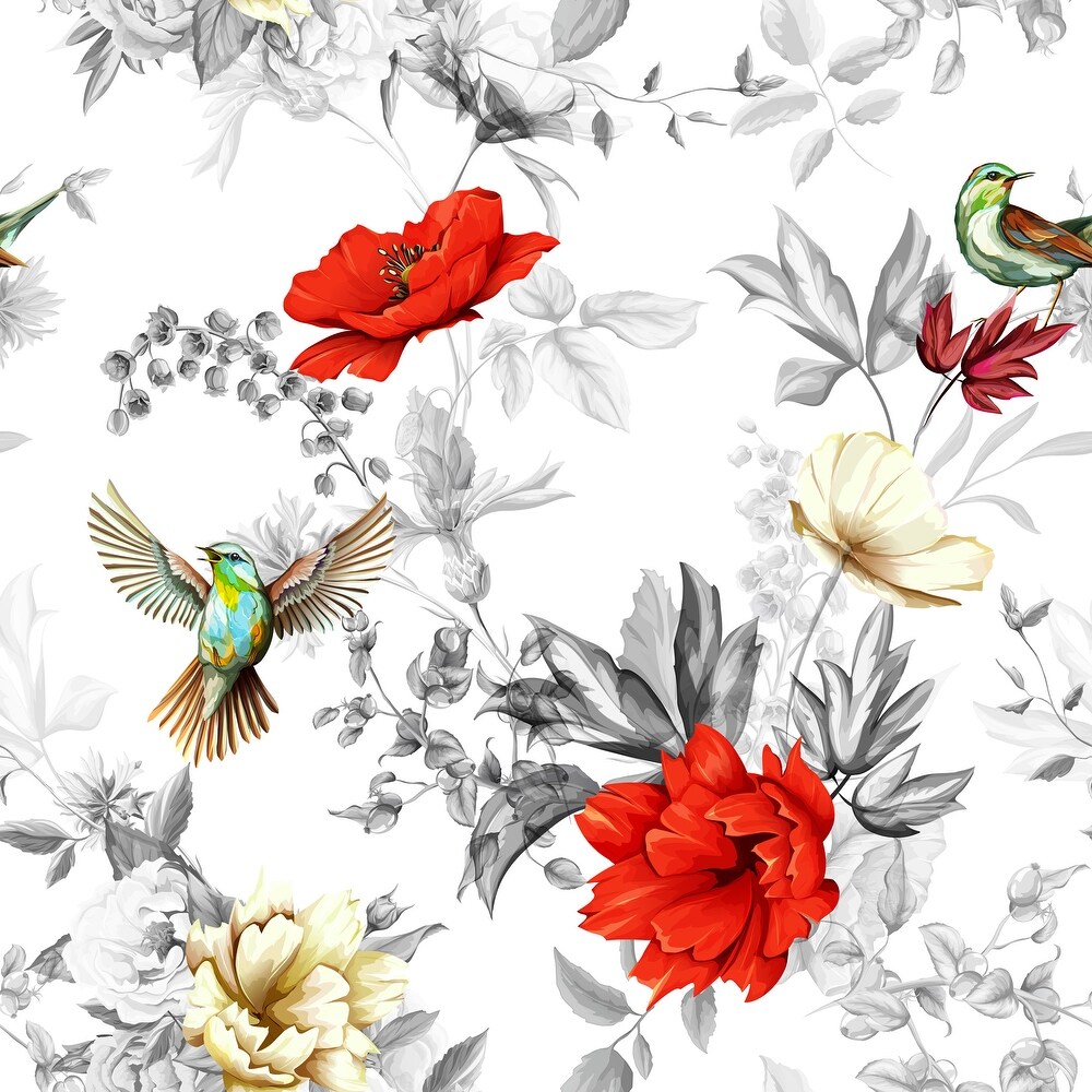 Summer Poppies and Birds Removable Wallpaper   10'ft H x 24''inch W