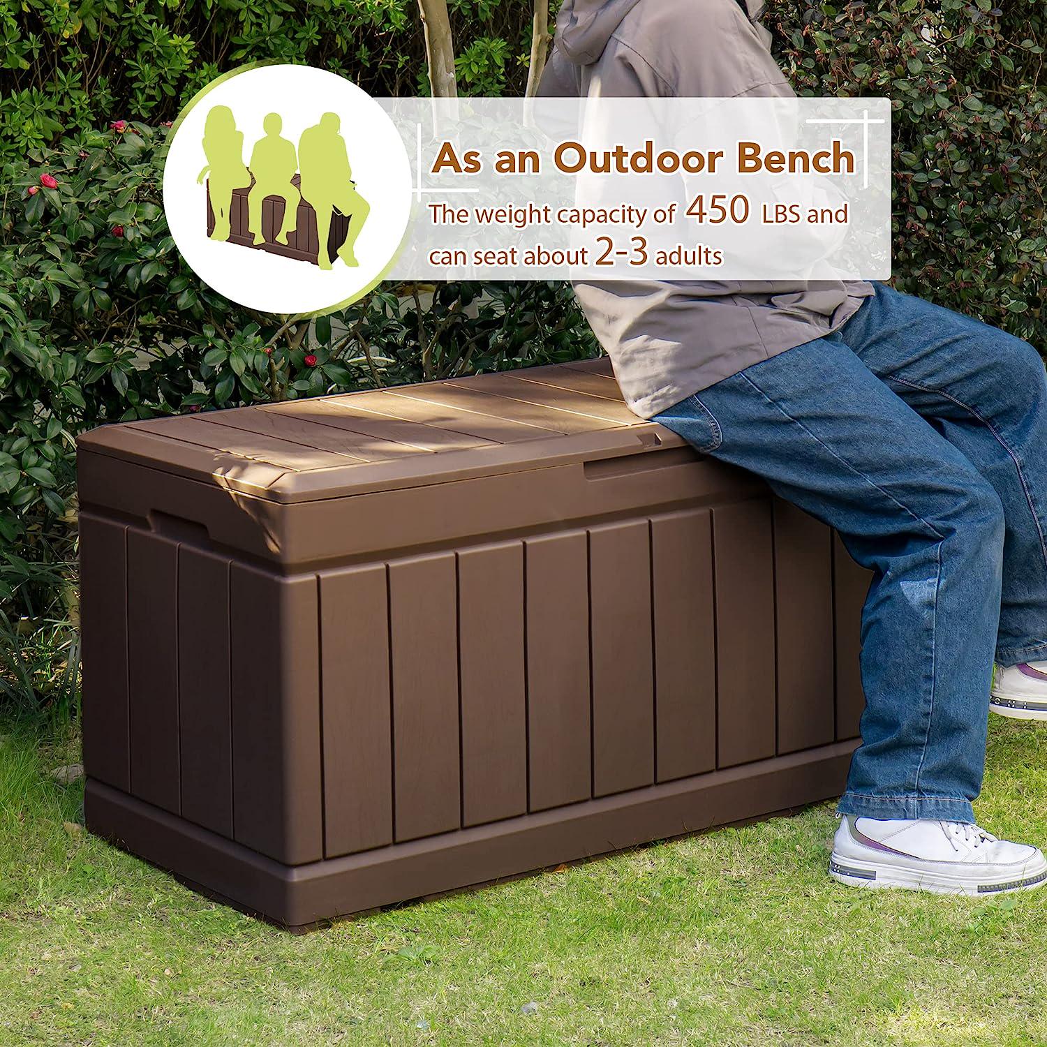 GUNJI 83 Gallons Storage Box Outdoor Waterproof Large Resin Deck Box Patio Storage Bench Lockable Storage Container for Outdoor Cushions, Garden Tools and Pool Supplies (Brown)