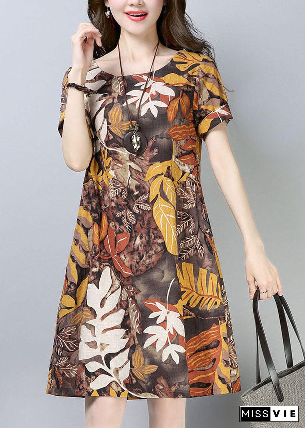 Italian Chocolate O-Neck Leaf Print Cotton Party Dress Short Sleeve