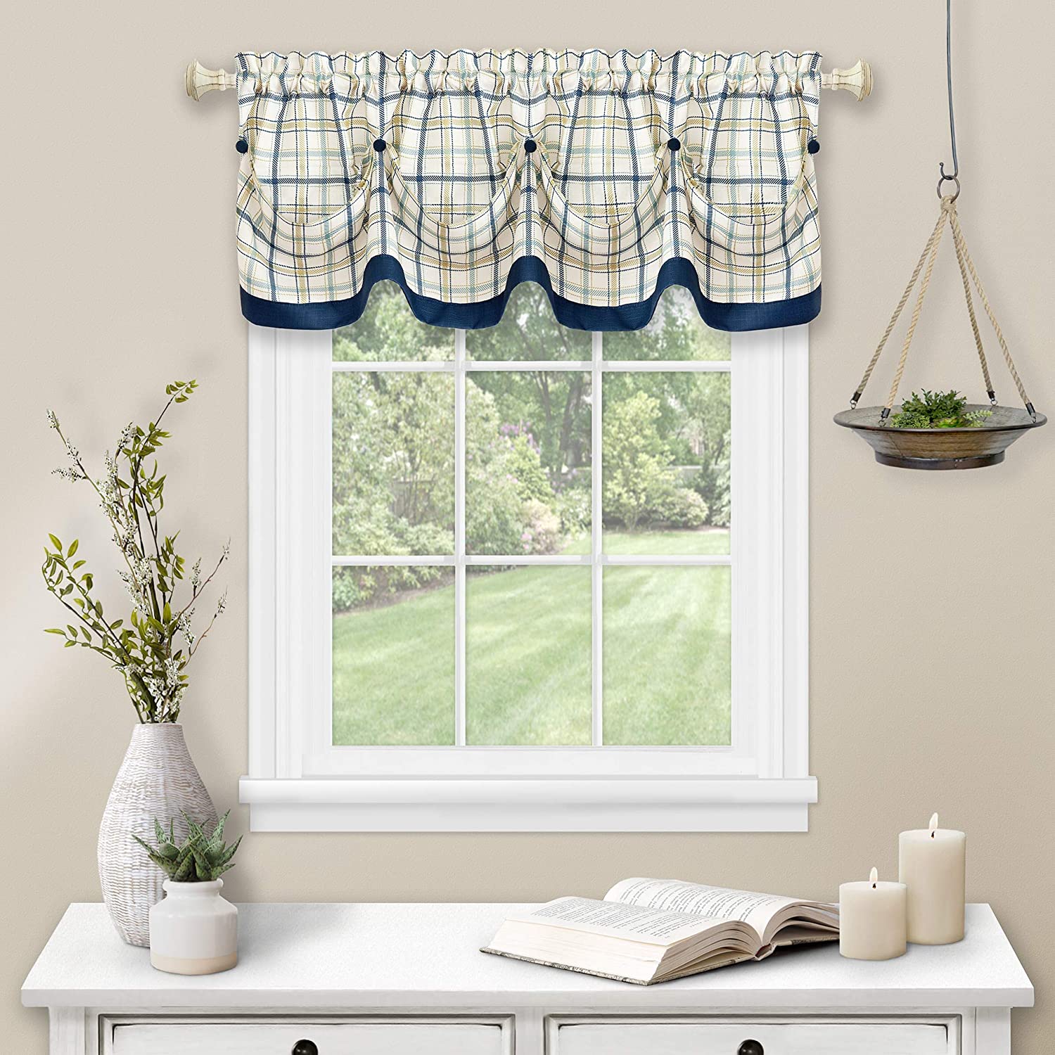 3-Piece Window Kitchen Curtain Set with Double Layer Plaid Gingham Fabric, Tier Pair Panels and Button Tab Top Valance, Navy, 24 Panel Length