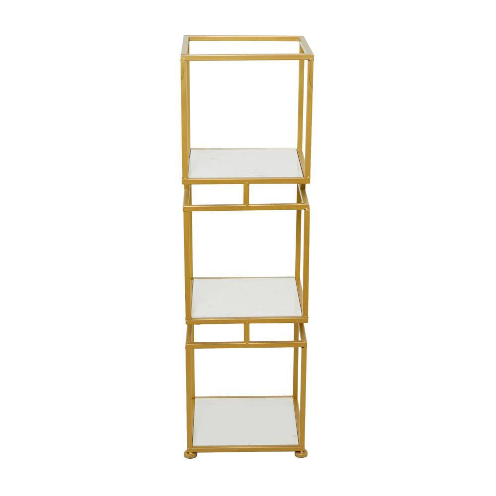 Litton Lane Marble Stationary Gold Shelving Unit with 3 Marble Shelves 040344