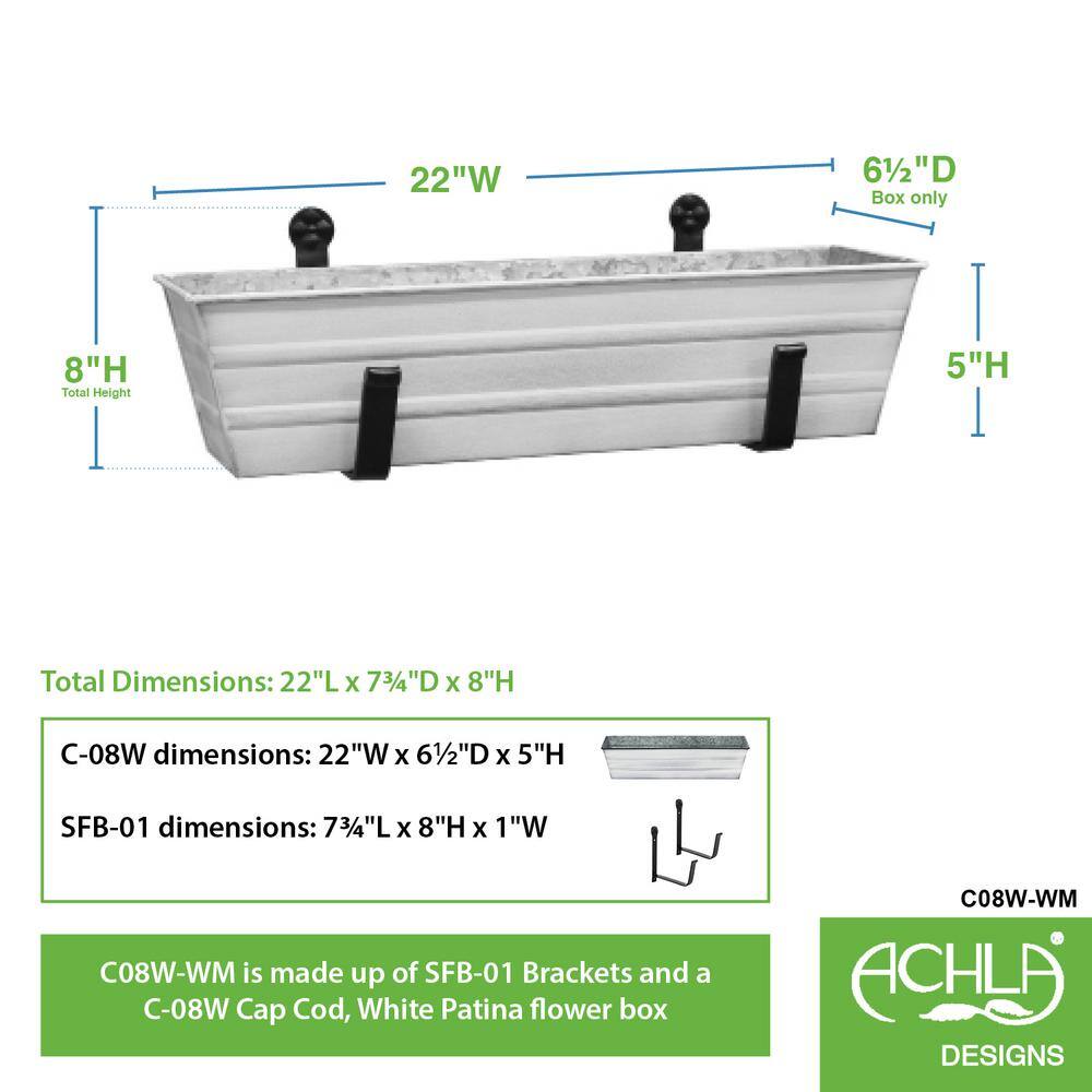 ACHLA DESIGNS 22 in. W Cape Cod White Small Galvanized Steel Flower Box Planter With Wall Brackets C08W-WM