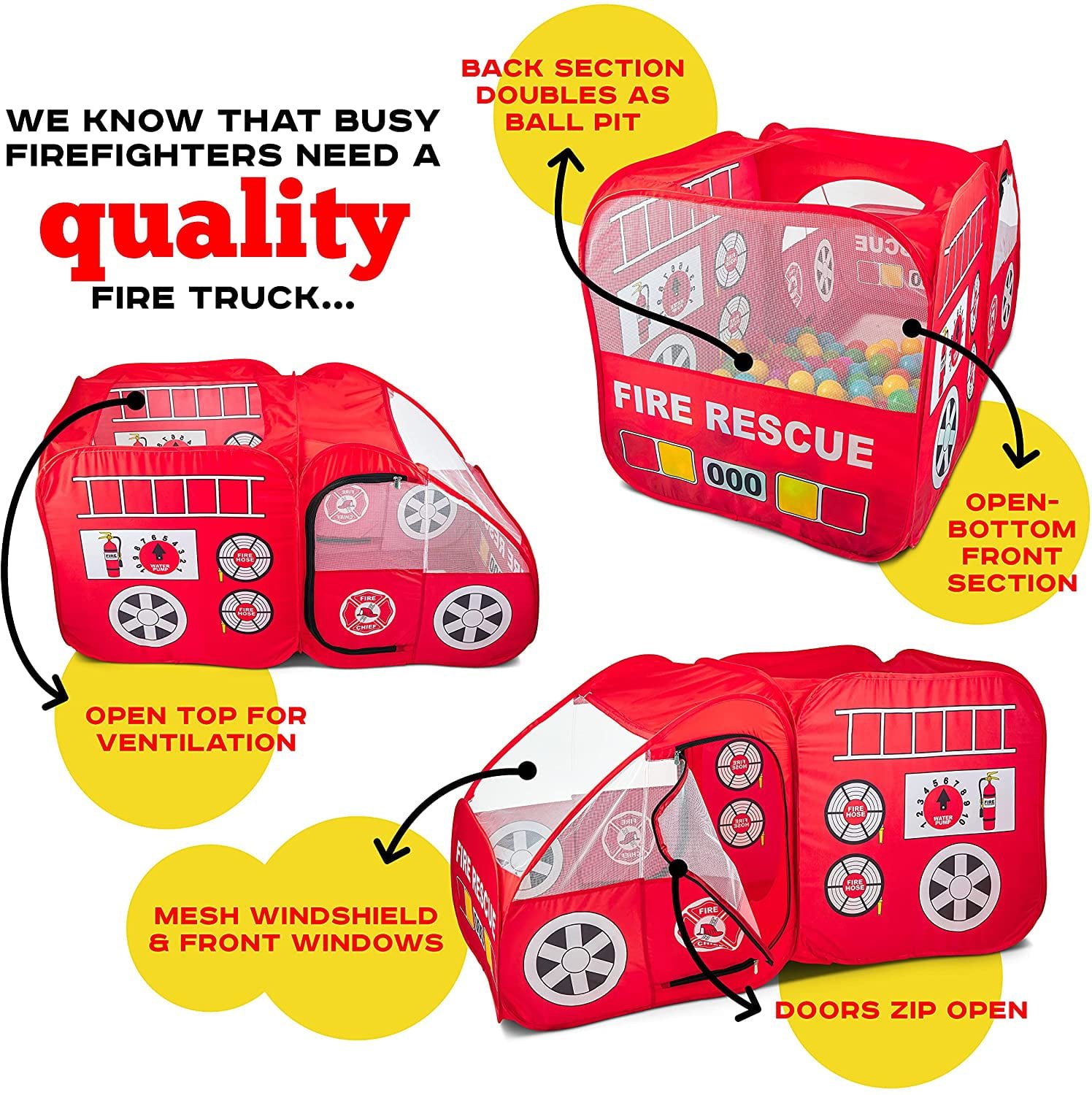 Fire Truck Pop Up Play Tent | Siren Sound Button | Firefighter Costume, Jacket and Hat– Red Fire Engine Playhouse for Kids, Toddlers, Boys, Indoors and Outdoors – Quick Setup Pretend Play Toys and Gift