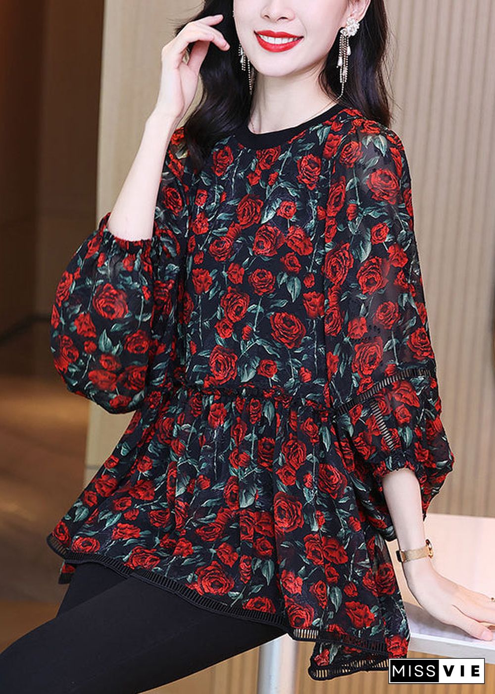 Plus Size Red O-Neck Print Wrinkled Chiffon Shirt Long Sleeve