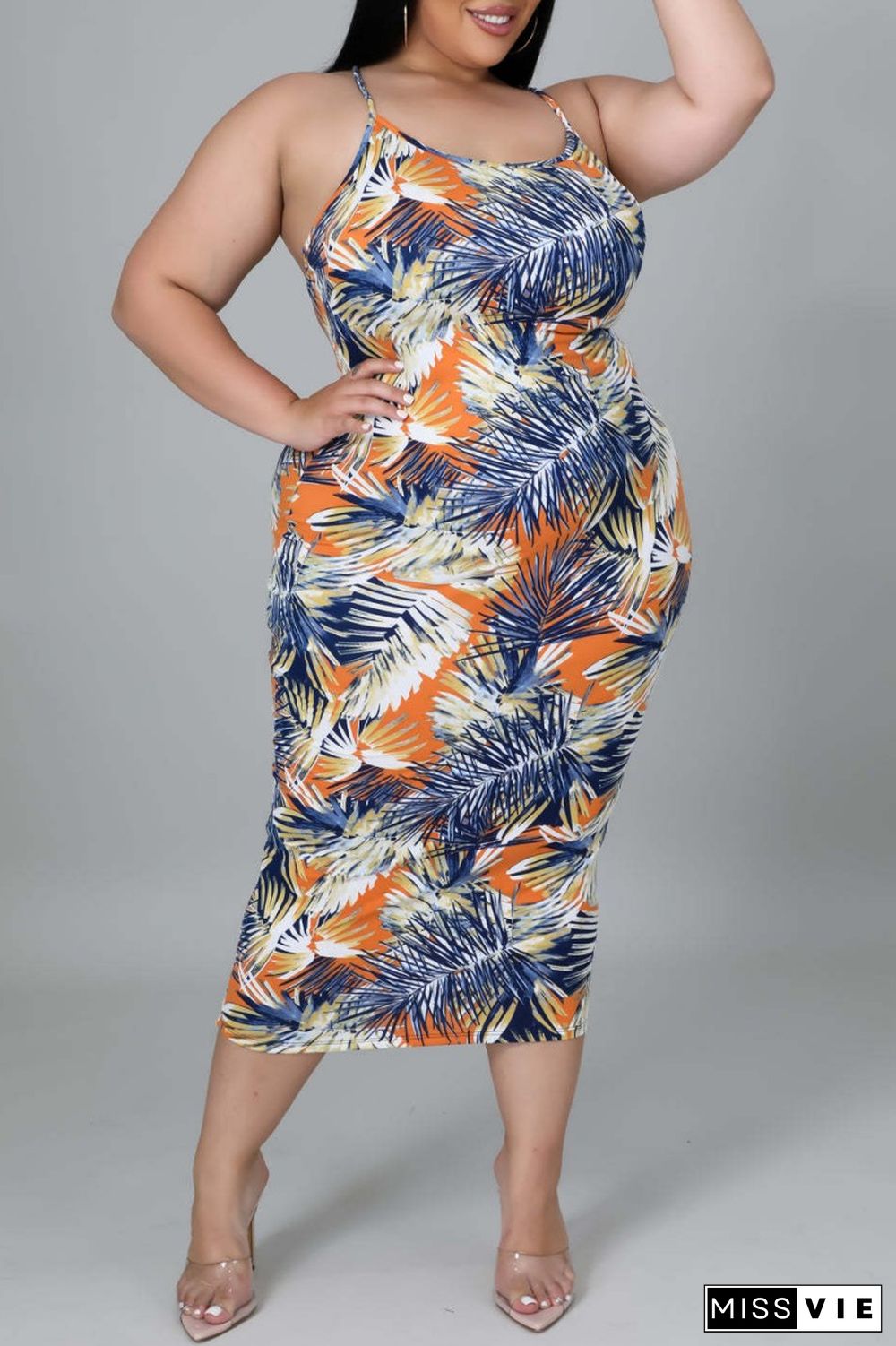 Orange Sexy Casual Print Backless O Neck Sling Dress Plus Size Dresses