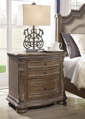 Signature Design by Ashley Charmond Ornate 3 Drawer Nightstand with 2 Felt-Lined Accessory Drawers, 2 AC Power Outlets & 2 USB Charging Stations, Dark Brown Oak Finish