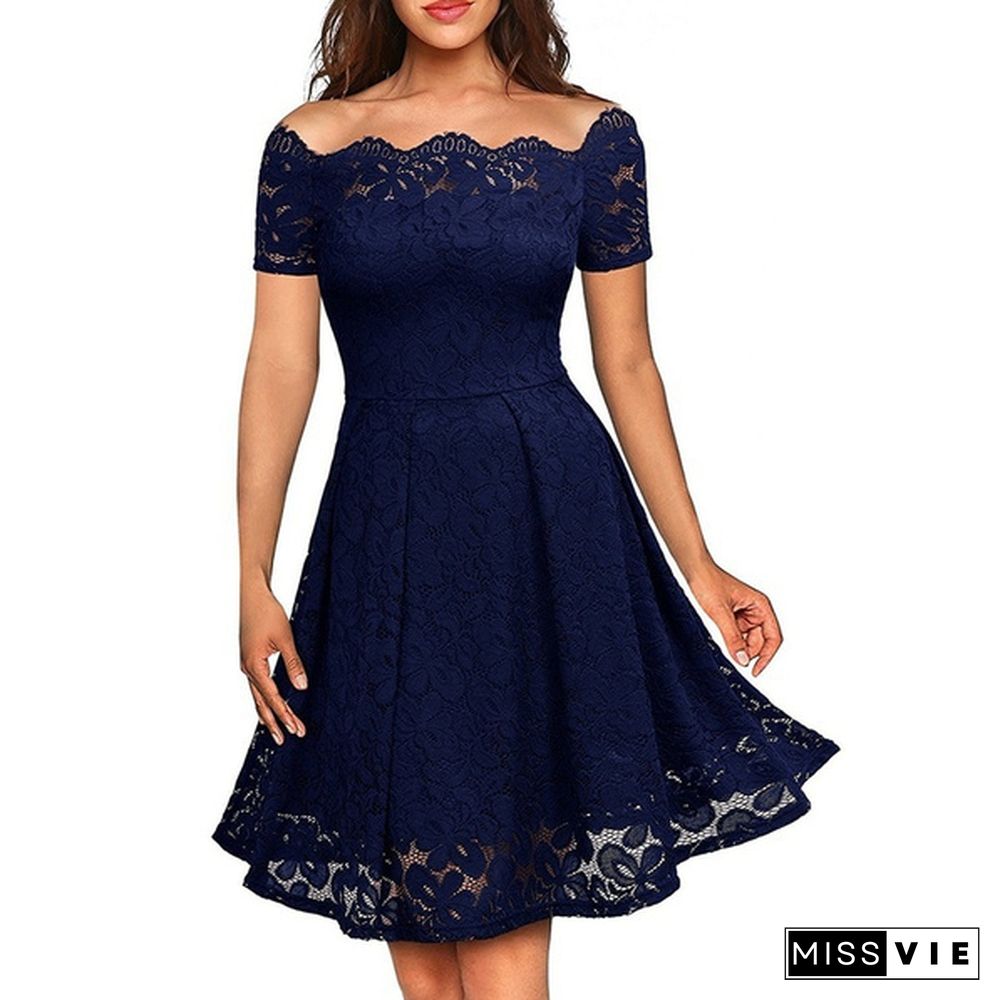 New Fashion Women Off Shoulder Slim Fit Lace Dress Elegant Strapless Short Sleeve Cutout Party Dresses Solid Color Back Swing Mini Dresses Evening Gowns Prom Dress