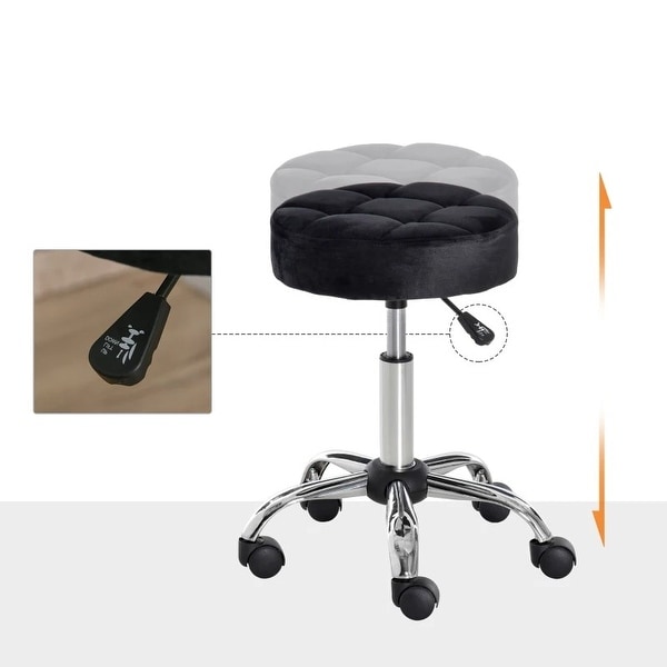 Black Button Tufted Adjustable Rolling Massage Swivel Salon Stool - 13.75 in D x 19.25 in - 24 in H