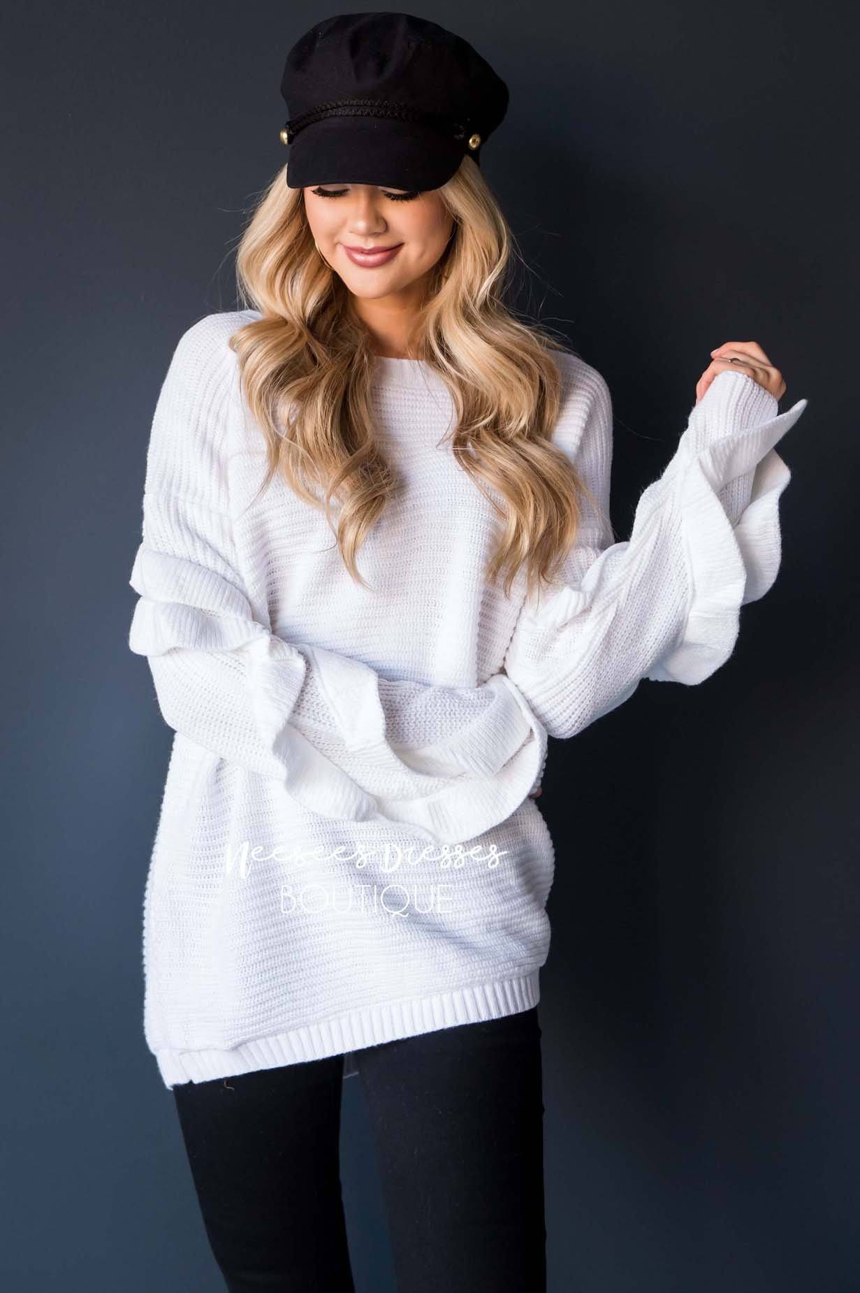 White Ruffle Sleeve Sweater