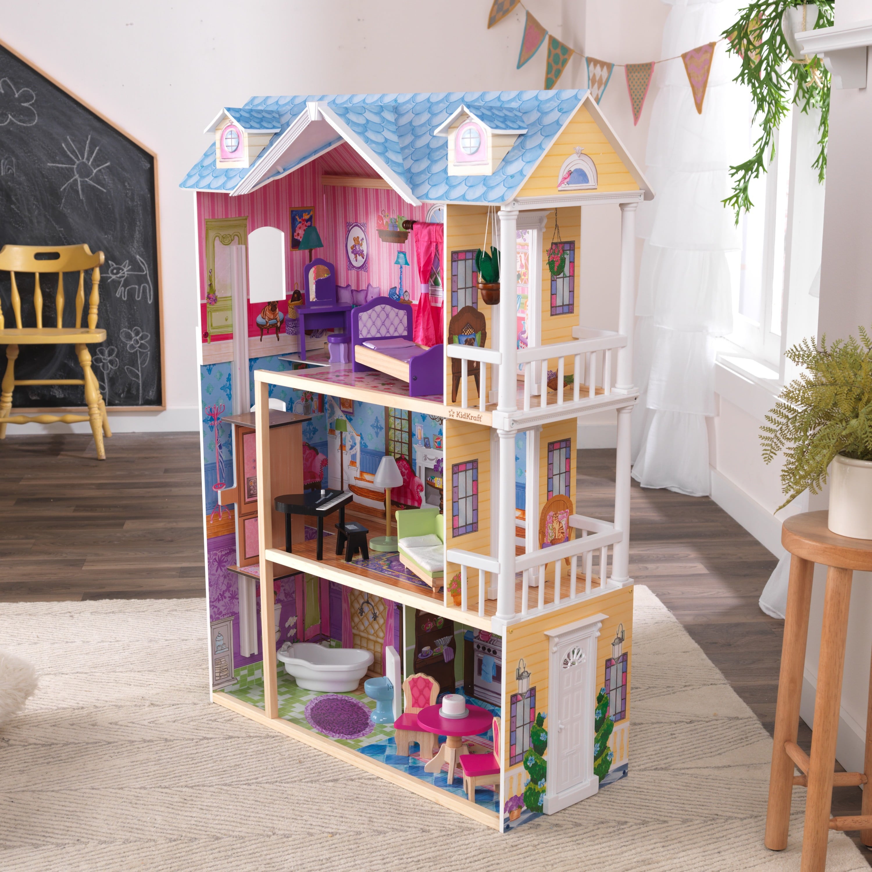 KidKraft My Dreamy Dollhouse with Lights and Sounds， Elevator and 14 Accessories