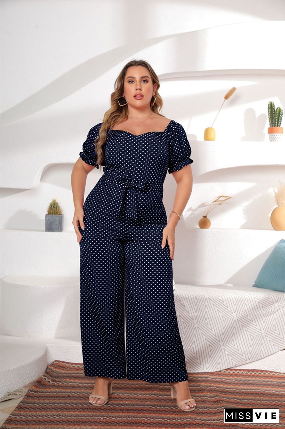 Dot Print Short Sleeve Slash Neck Wide Leg Jumpsuit