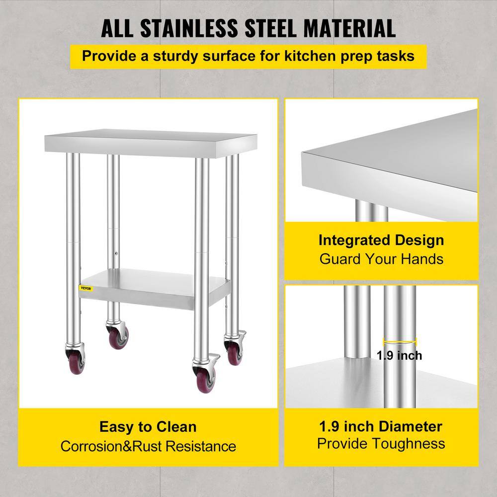 VEVOR Kitchen Prep Table 24 x 18.1 x 33.9 in. Stainless Steel Rolling Table with Wheels and Brake Kitchen Utility TableSilver CFGZT24X18X34YC01V0