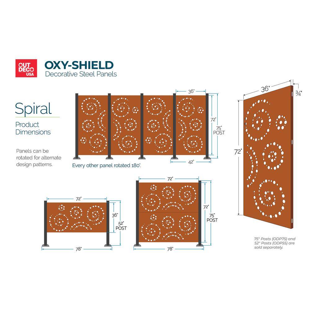 OUTDECO Spiral 3 ft. x 6 ft. Oxy-Shield Corten Steel Decorative Screen Panel in Rust with 6-Screws OXY005