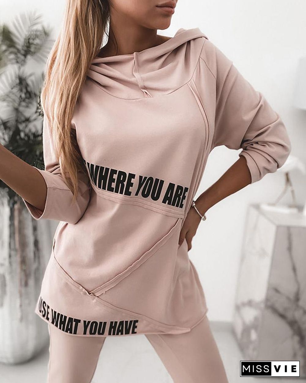 Letter Print Long Sleeve Hooded Top & Drawstring Pants Set P13226