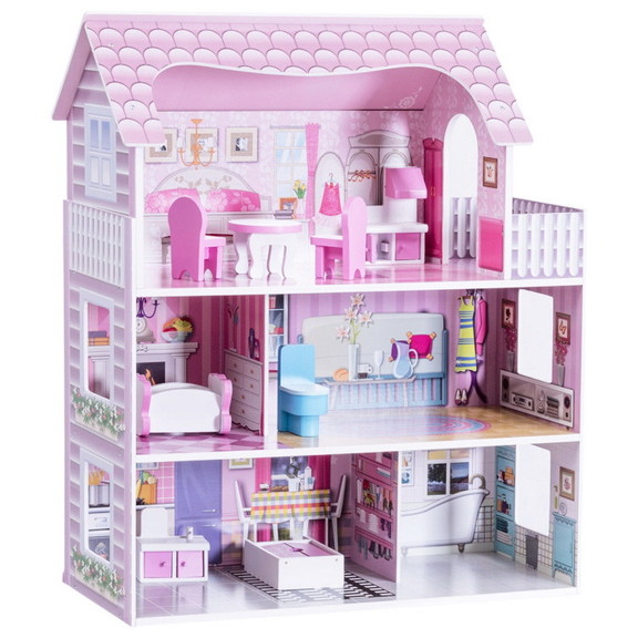 Costway 38925701 28 Inch Pink Dollhouse with Furni...