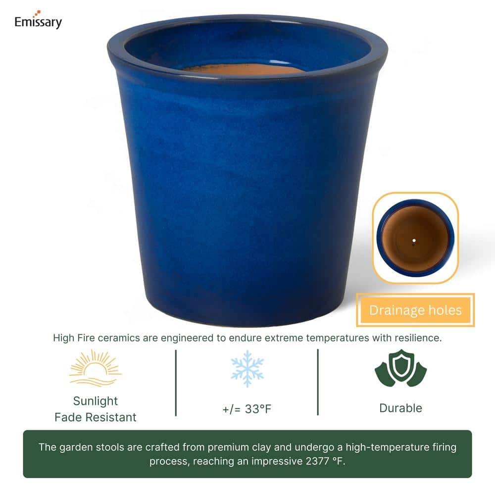 Emissary Pail 13 in. L x 12 in. H Blue Ceramic Round Planter with Drainage Hole 12012BL-3