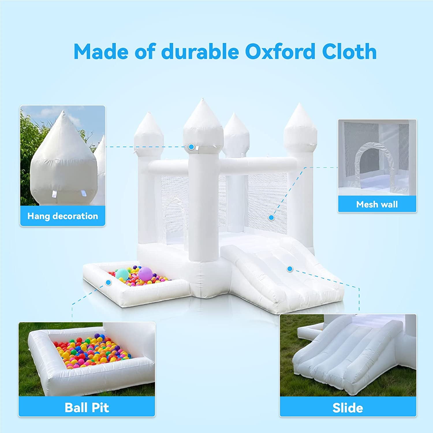 Connsann White Bounce House with Air Blower White Bouncy Castle with Slide and Ball Pit for Home Birthday Party Gift for Kids/Toddler (9x9FT White)