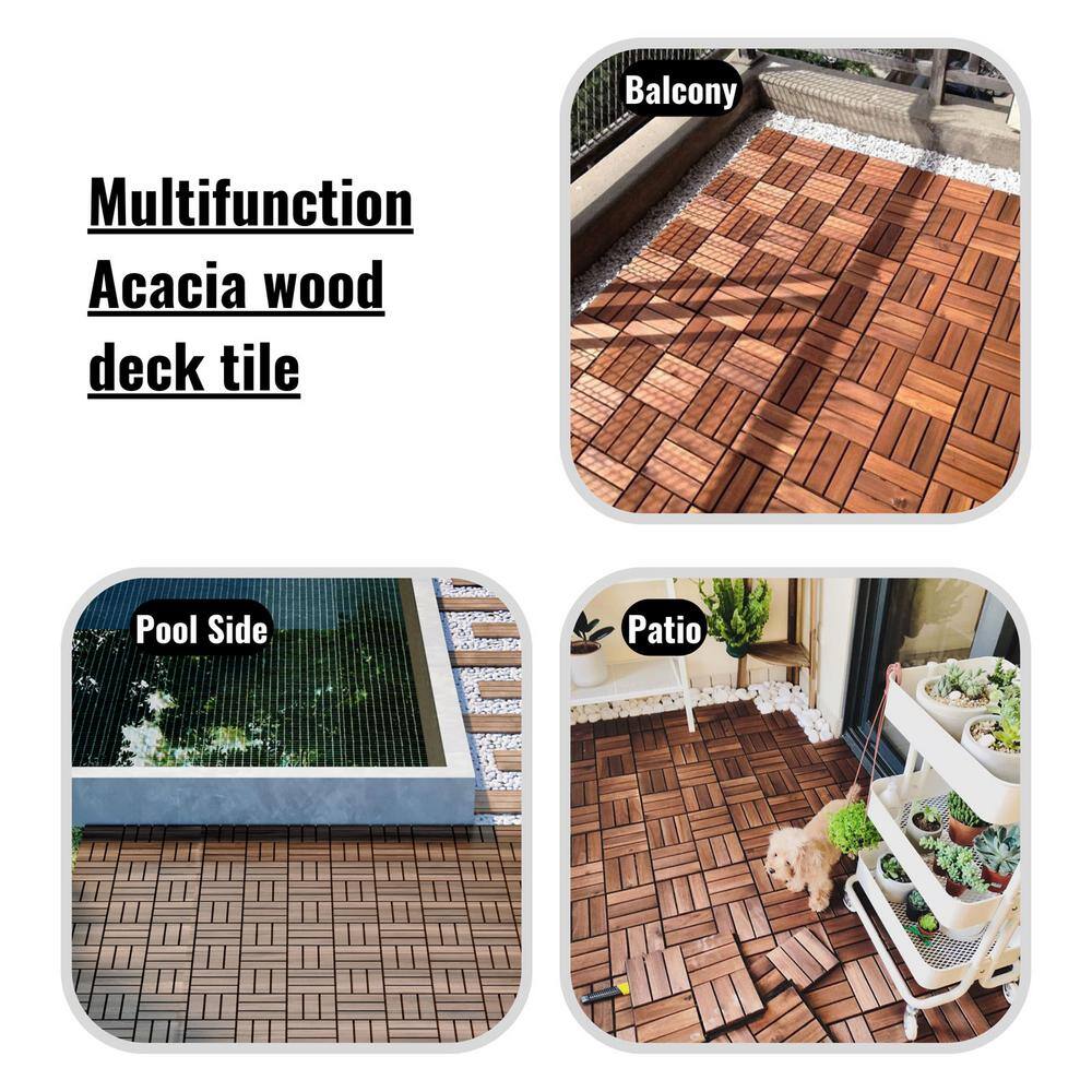 GOGEXX 12 in. x 12 in. Outdoor Checker Pattern Square Wood Interlocking Flooring Deck Tiles in Brown (Pack of 30 Tiles) DG-30B69