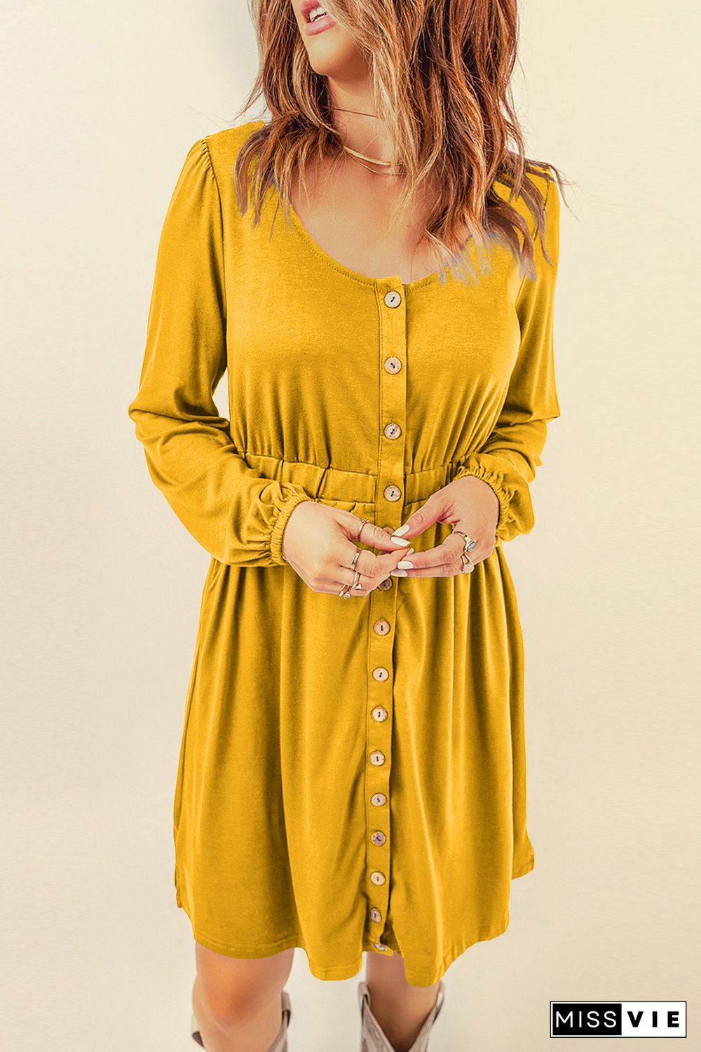 Yellow Button Up High Waist Long Sleeve Dress