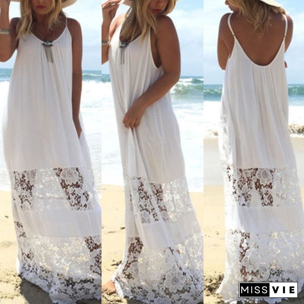 Women Lace Beach Boho Maxi Sundress Sleeveless Long Dress Party Holiday Strapless Dresses