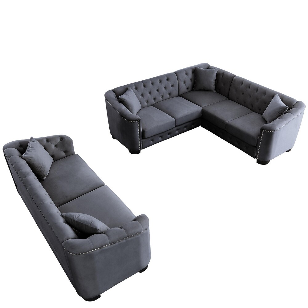 Velvet Sectionals Sofa Sets w/ L shape Corner Sofa   Tufted Back Straight Row Sofa  Nailhead Arms Sleeper Loveseat Chaise Couch