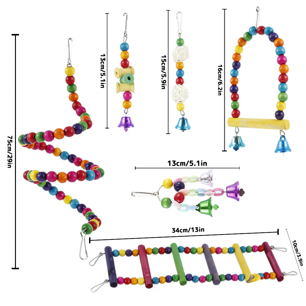 Willstar 6Pcs Bird Parrot Toys， Hanging Bell Pet Bird Cage Hammock Swing Toy Wooden Perch Chewing Toy for Parrots， Birds， Finches