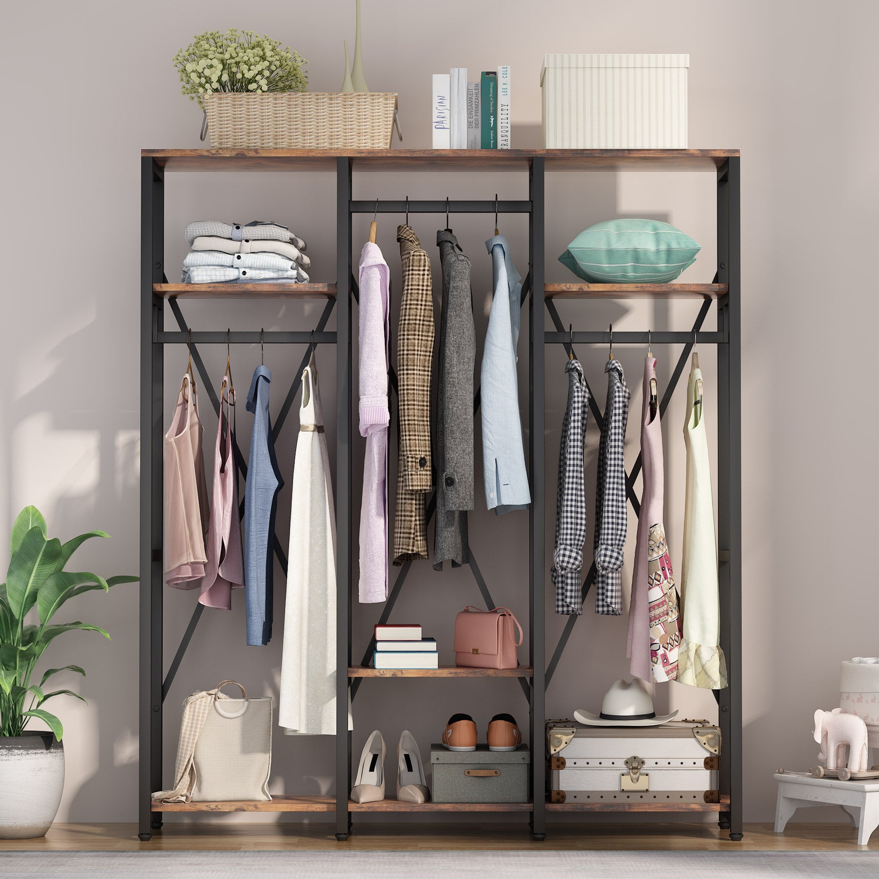 Freestanding Closet Organizer, Industrial 3 Rod Garment Rack