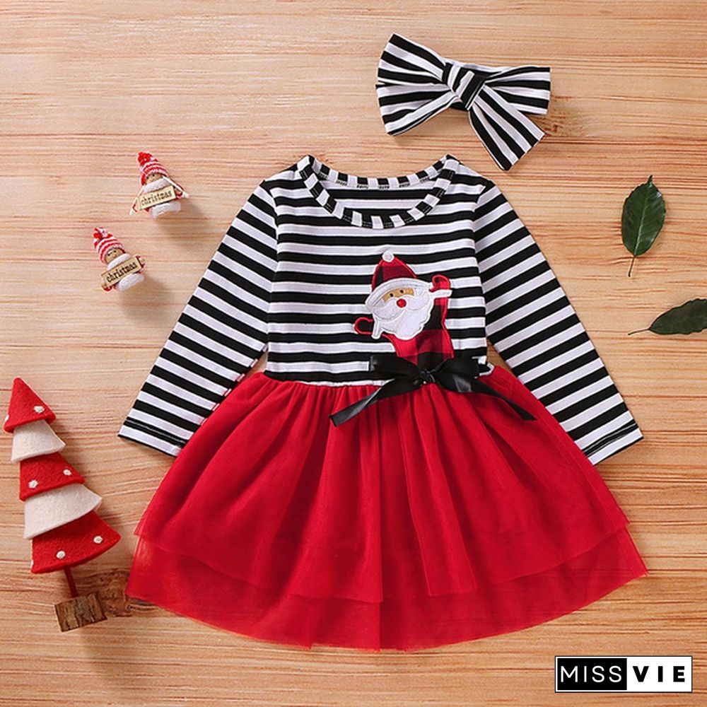 Toddler Baby Girls Christmas Santa Striped Print Tulle Dress+Headband Outfits