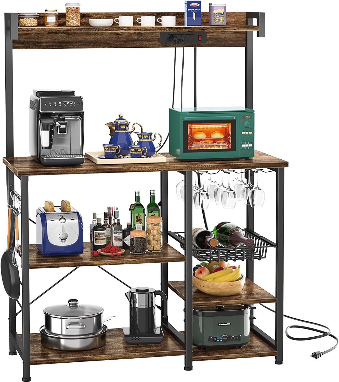 Bakers Rack with Power Outlet, Microwave Stand, Kitchen Storage Shelf with Wire Basket, Coffee Bar Station with Wine Glass Holder, 35.4