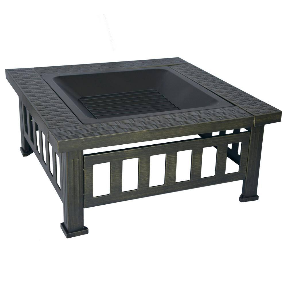 Bond Bali 32 in. W x 22.44 in. H Outdoor Square Powder Coated Steel Wood Burning Fire Pit in Bronze with Grate and Poker 52260