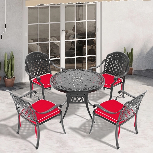 3/5Piece Cast Aluminum Outdoor Dining Set with 35.43 in. Round Table and Random Color Cushions