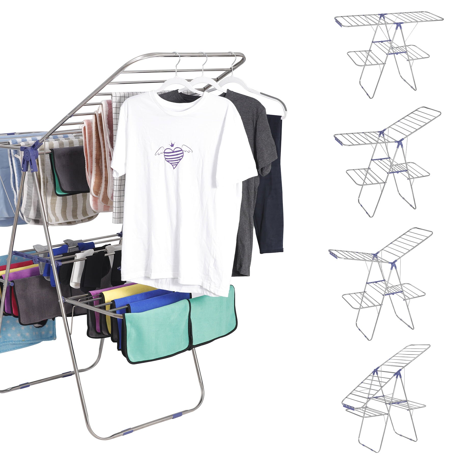 ZENY Clothes Drying Rack, Foldable Drying Hanger with Height-Adjustable Wings, for Clothes, Towels, Linens, Indoor/Outdoor