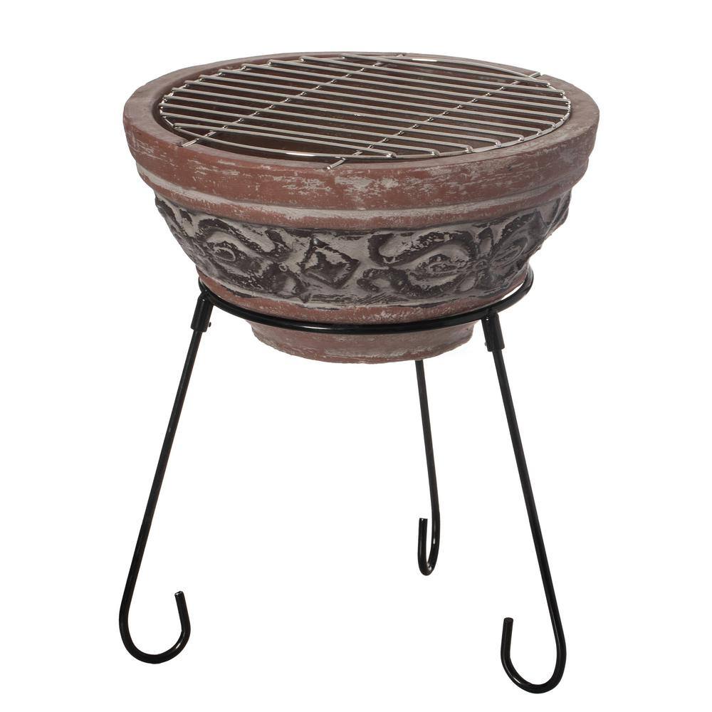 Vintiquewise Indoor and Outdoor Small Red and Grey Grill Clay Fire Pit and Accent Design and Metal Stand QI004353