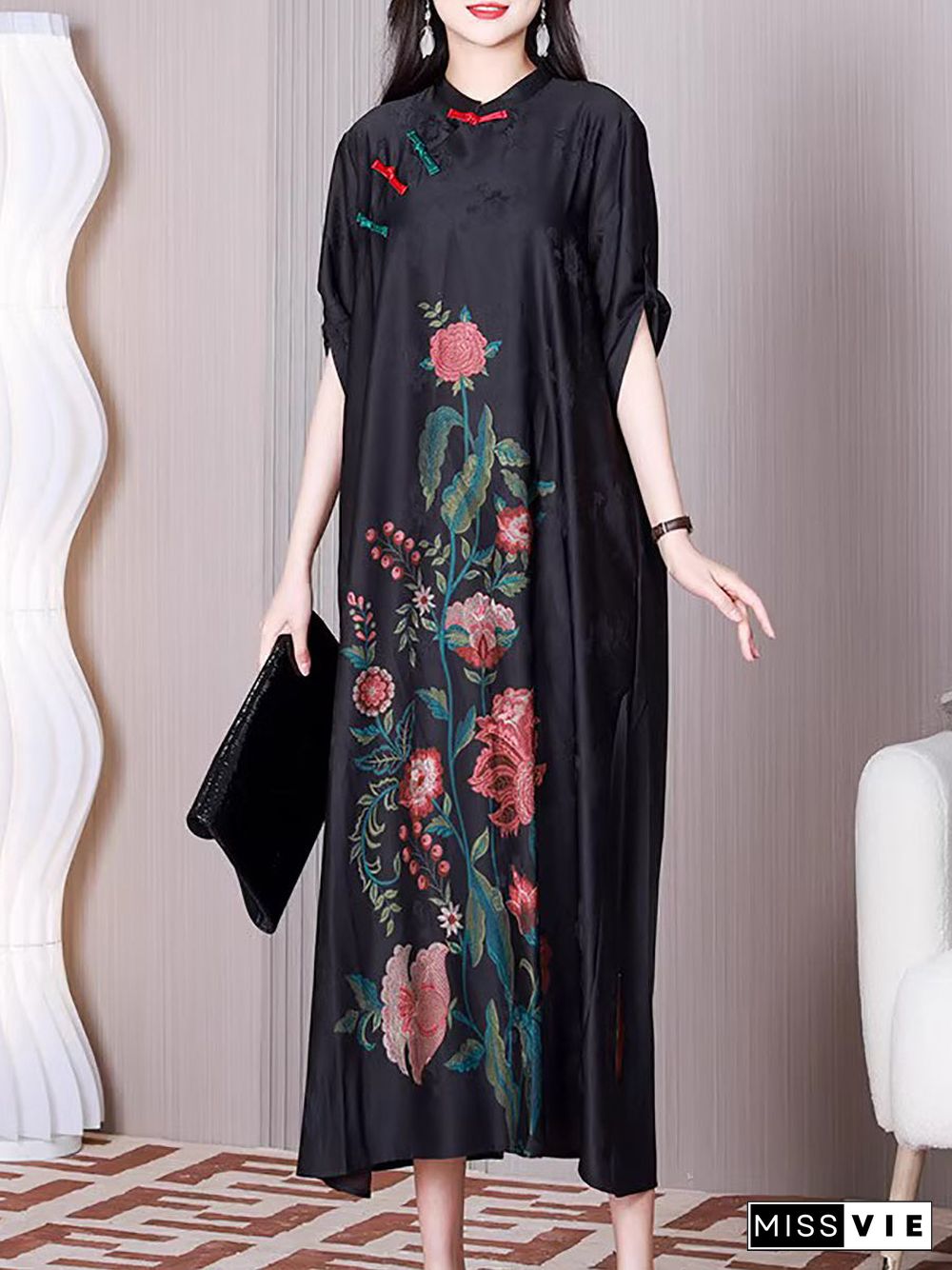 Plus Size Women Ethnic Flower A-shape Loose Dress