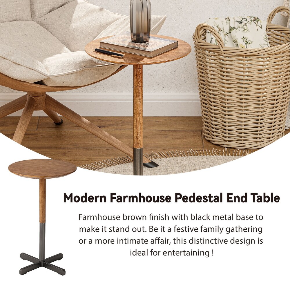 COZAYH Small Pedestal End Table  Modern Drink Table with Solid Fir Wood Table Top and Metal Base  light walnut   Dark Grey