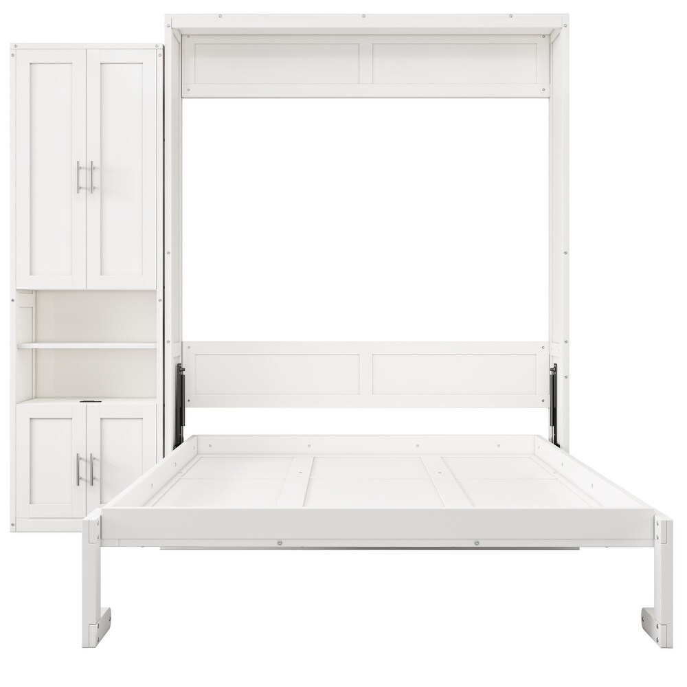 White Queen Folding Wall Bed Folding Platform Bed with 1 Cabinet Storage   Save Space Murphy Bed Desk Combo Chest Cabinet Bed