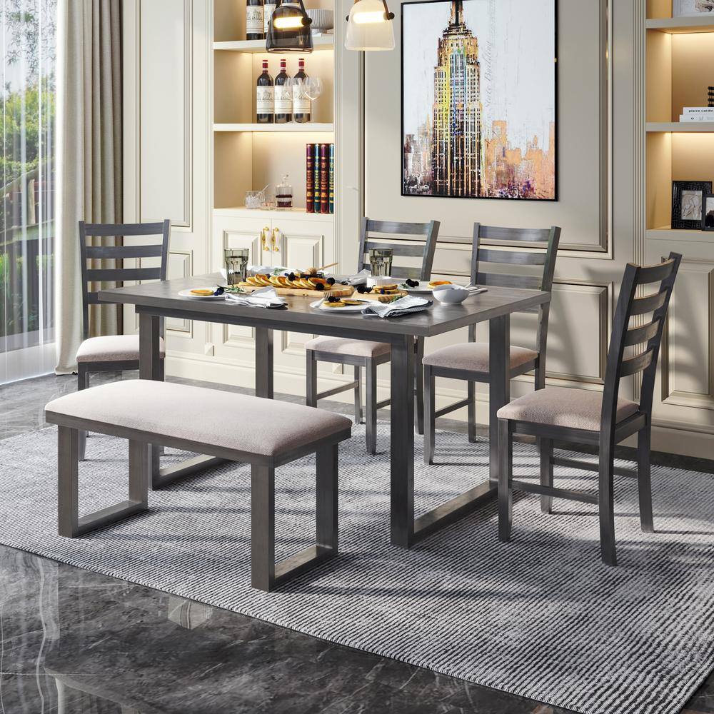 Harper  Bright Designs 6-Piece Rrectangle Wood Top Gray Dining Table Set with 4 Chairs and Bench XW009AAE